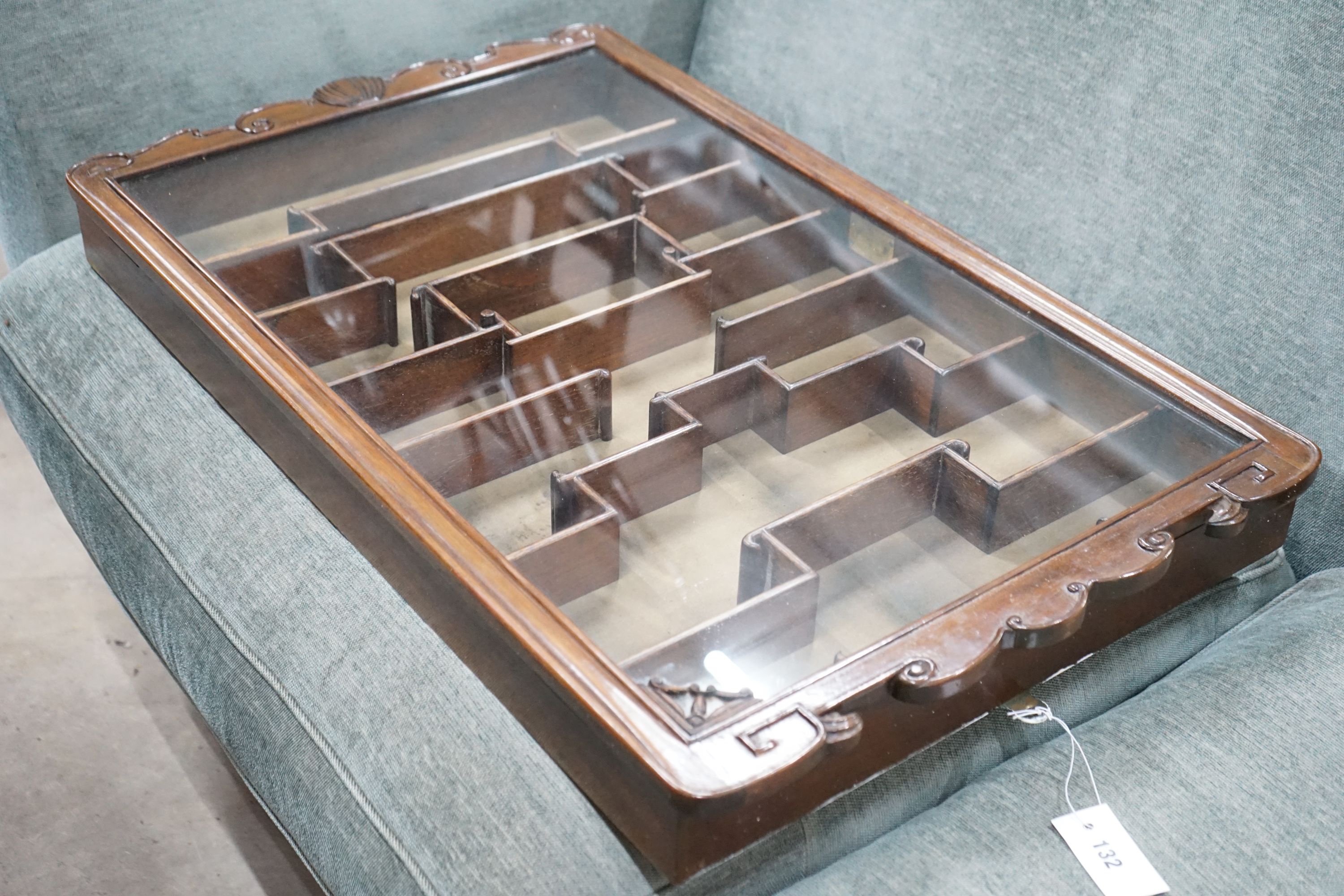 A Chinese glazed hardwood hanging display cabinet, width 52cm, height 85cm